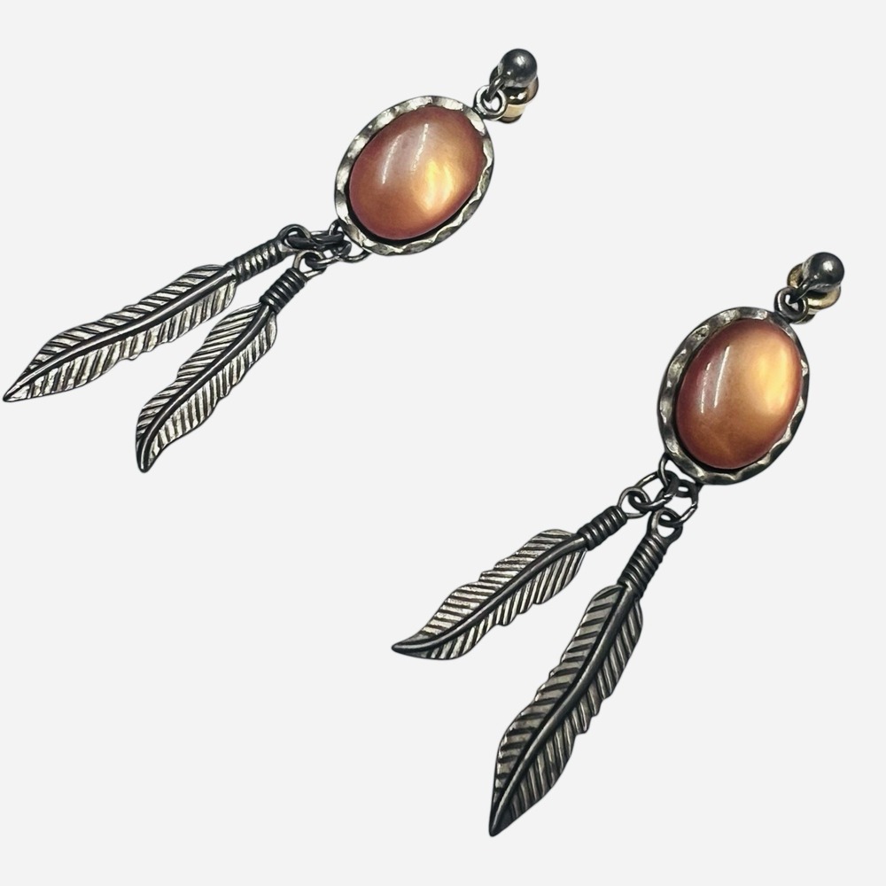 WM Co Wheeler Sterling Silver Orange Cabochon Feather Dangle Earrings Vintage
